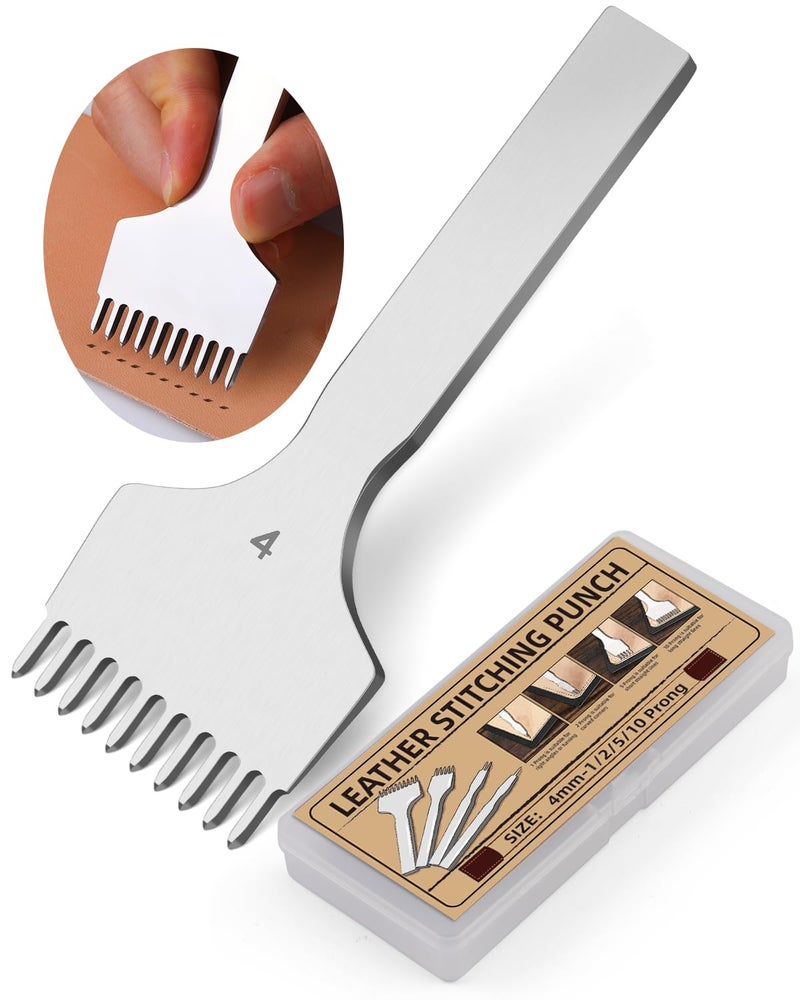 FOUSNOW Leather Stitching Punch, 10 Prong Leather Fork Prong Punch, 4mm Lacing Stitching Chisel Tools, DIY Working Tools for Punching - Image 1